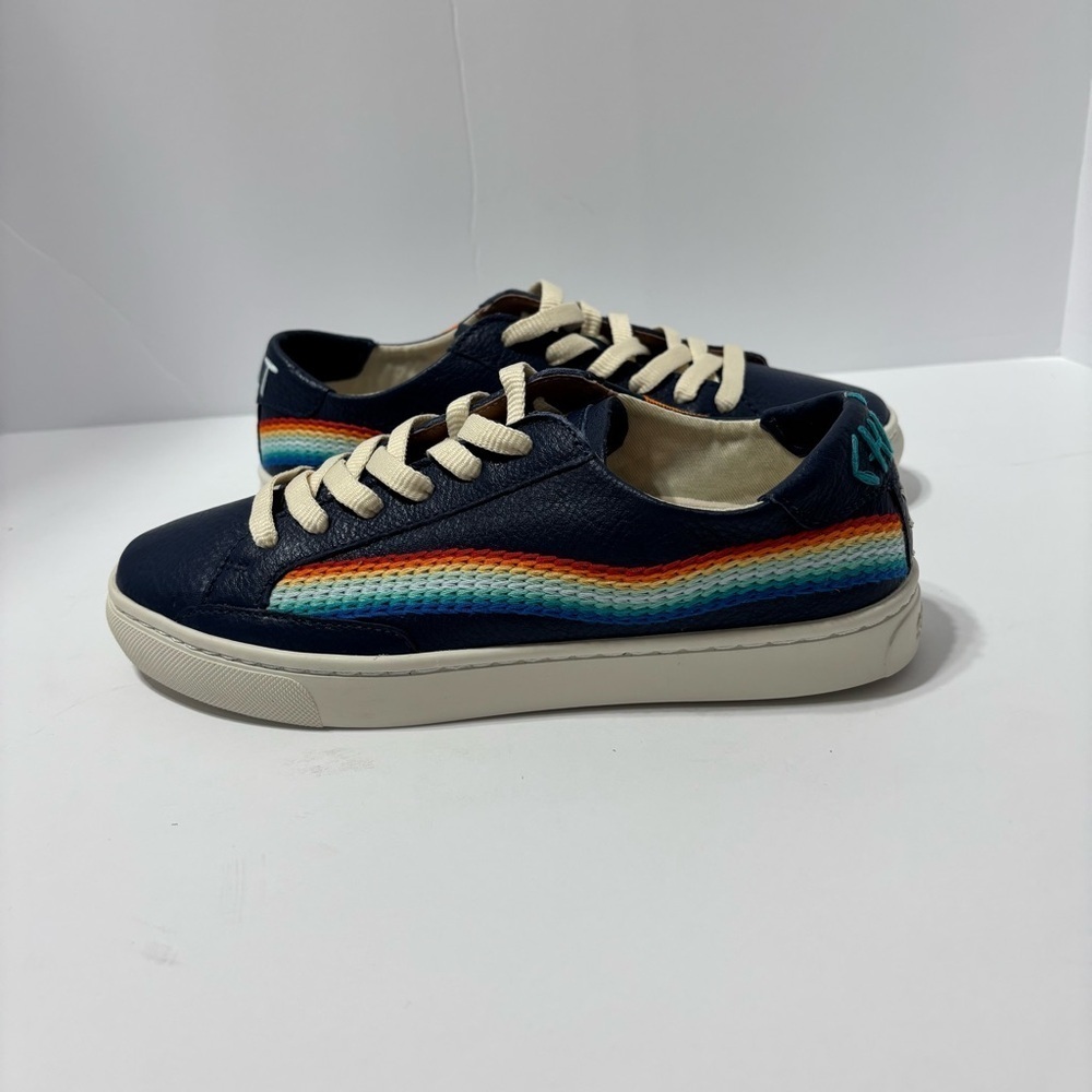 Soludos chill out, rainbow sunset, blue leather sneakers